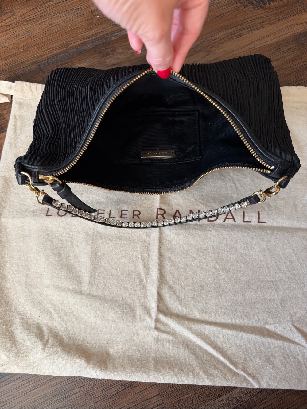 Loeffler Randall Black Textured Shoulder Bag with Crystal Strap